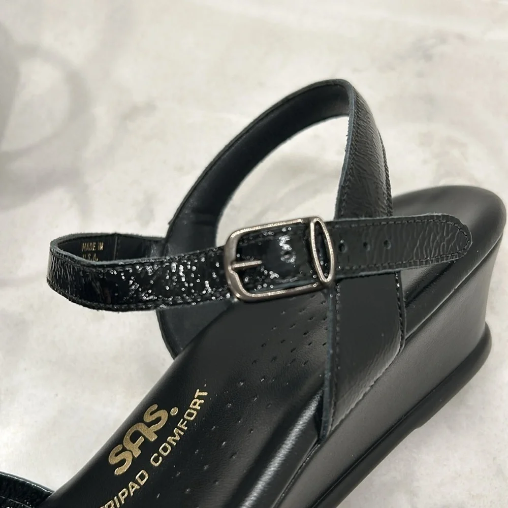 SAS Strippy Quarter Strap Wedge Sandal Women's Stylish Black Patent Size 9